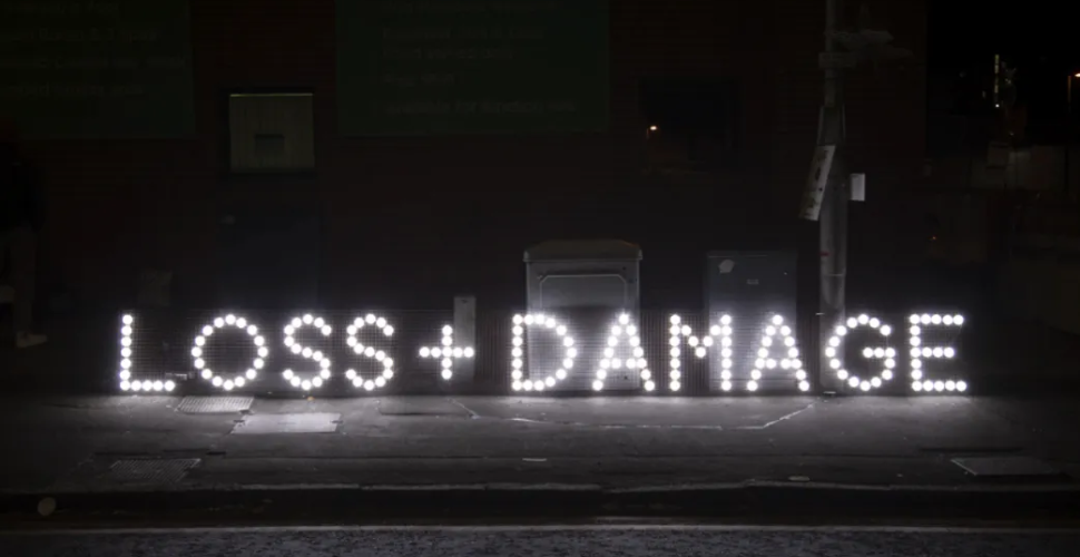 A photograph of a light installation called loss + damage